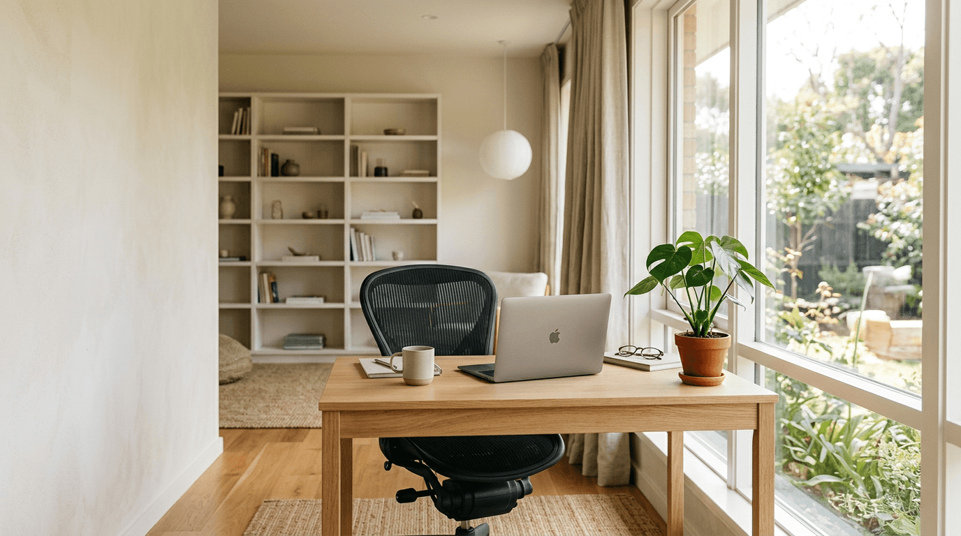 A bright home office with a desk and an ergonomic chair
